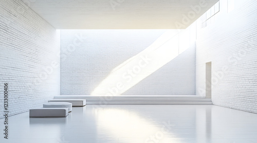 Fototapeta Naklejka Na Ścianę i Meble -  empty white brick wall industrial style bright wood floor 3d render illustration