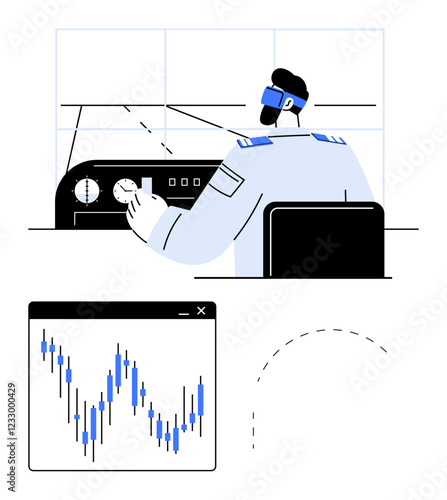 Pilot in control tower monitoring flight data with instruments and radar screen, analyzing graph with fluctuating data. Ideal for aviation, air traffic management, data analysis, pilot training