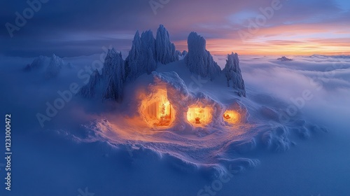 Magical glowing ice caves nestled in snowy mountain peak at sunset. photo