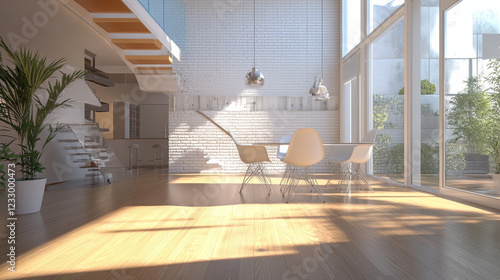 Fototapeta Naklejka Na Ścianę i Meble -  empty white brick wall industrial style bright wood floor 3d render illustration