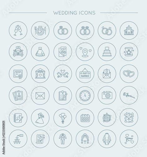 Wedding Icon Set, wedding, celebration, illustrations, icons, love, marriage, newly weds, save the date, wedding dress, bride, groom, icon set, wedding rings, bouquet, suit, wedding cake, marriage