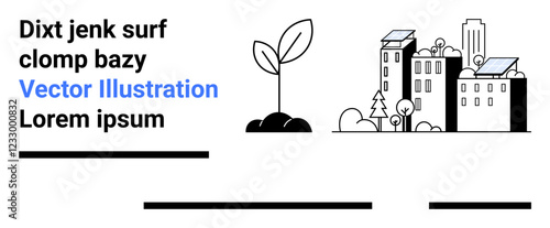 Buildings with solar panels, a growing plant, and trees. Ideal for sustainability, eco-friendliness, urban planning, renewable energy, green construction, environmental awareness, clean energy