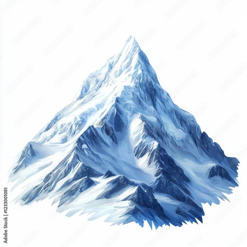 Obraz premium Majestic snow-capped mountain peak against a bright blue sky, isolated on a clean white background