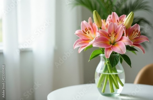 Wallpaper Mural A vase with a bouquet of lilies in pastel colors stands on the table in the early morning, blurred background of a light bedroom Torontodigital.ca