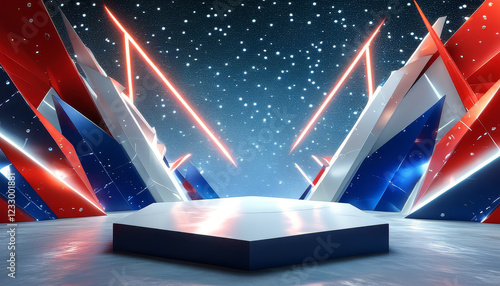 America Independence Day themed product display podium background, Geometric Starscape, angular star designs in metallic red, white, and blue, contemporary, patriotic feel, ad, podium platform