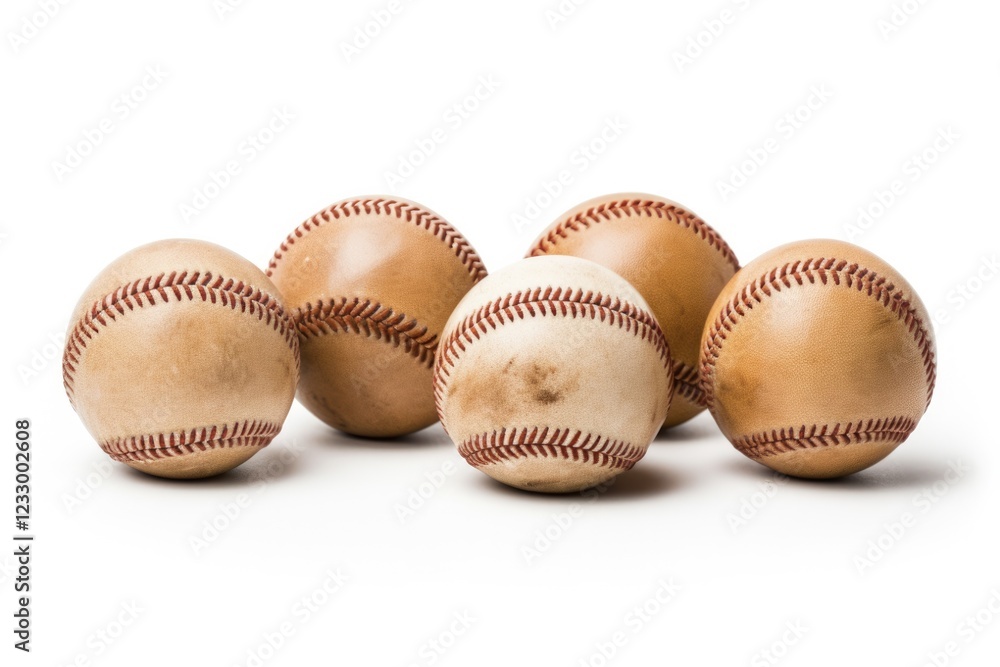 Isolated Baseballs on White Background. Sporting Equipment for American Game with Leather Footed Sport Ball Detail Isolated Baseballs on White Background. Sporting Equipment for American Game with Leather Footed Sport Ball Detail