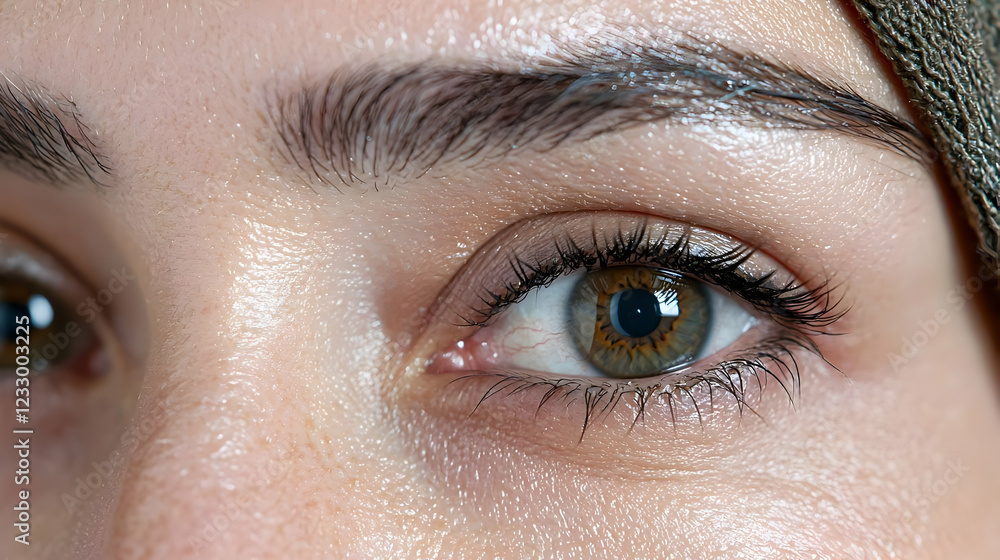 Fototapeta premium Close-up woman's eyes, hazel iris, neutral background, beauty portrait