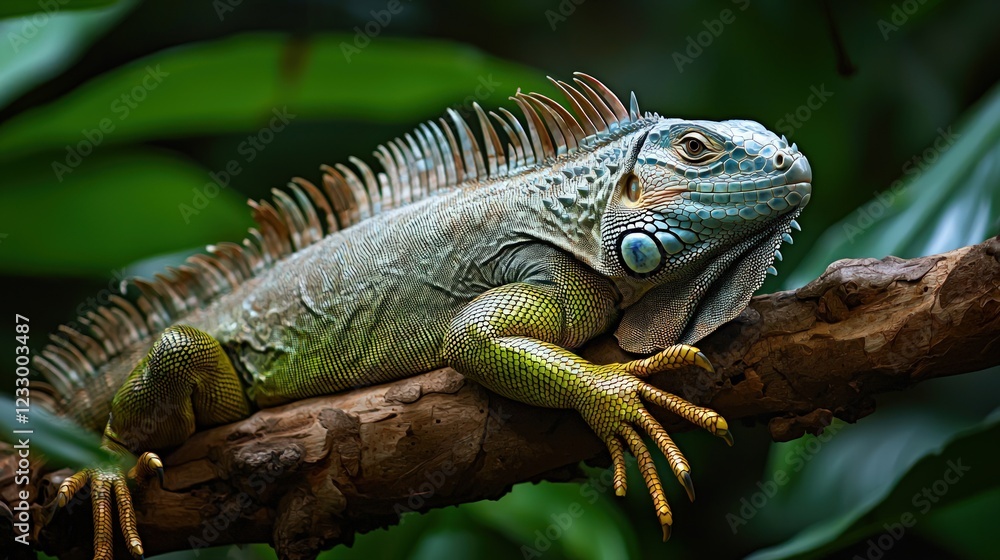 Green iguana basking on a tropical branch Green iguana basking on a tropical branch