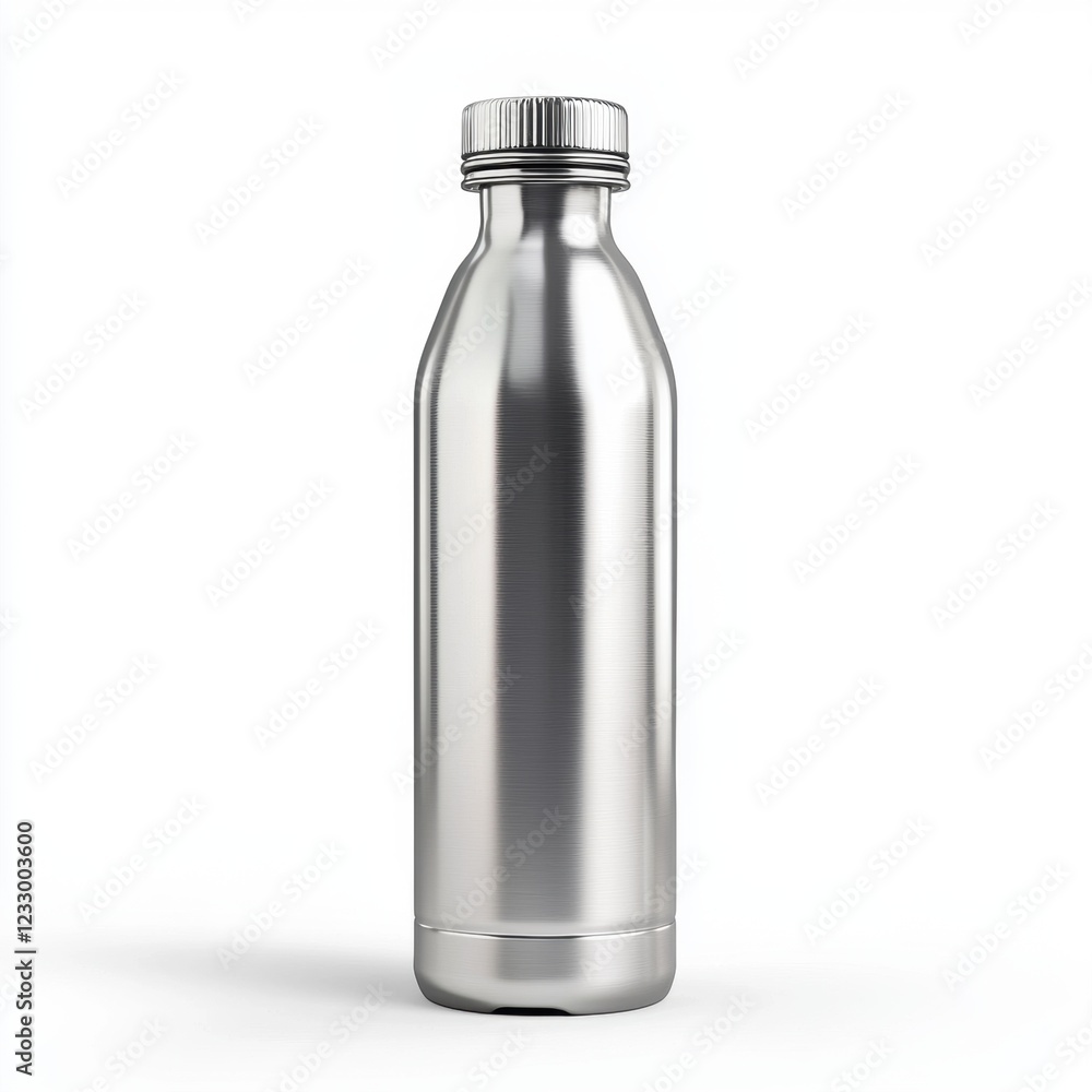 Reusable stainless steel sports bottle with a blank matte surface for branding, placed on a bright white background Reusable stainless steel sports bottle with a blank matte surface for branding, placed on a bright white background
