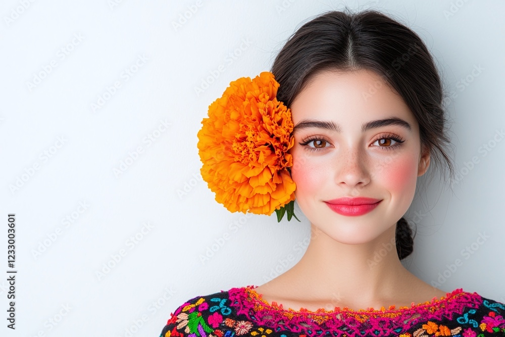 Fototapeta premium Cheerful portrait of a woman with an orange flower in her hair, colorful embroidered top, radiant and natural beauty, soft white background, vibrant and stylish floral aesthetic