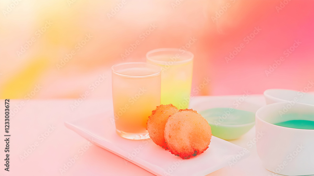 Fototapeta premium Two colorful drinks with pastries on a white plate.