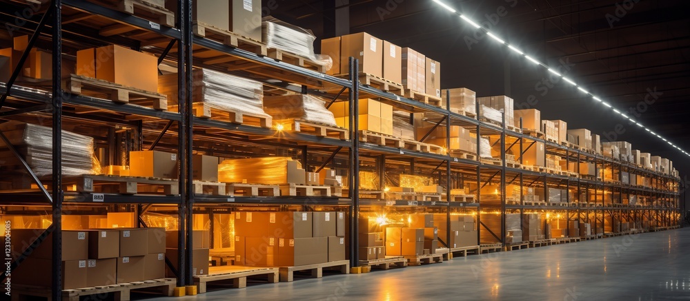 A wide-angle view of a well-organized warehouse filled with stacked cardboard boxes and pallets A wide-angle view of a well-organized warehouse filled with stacked cardboard boxes and pallets
