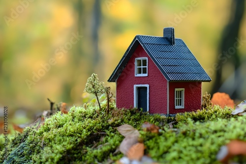 Miniature red house sits on moss surrounded by autumn leaves photo