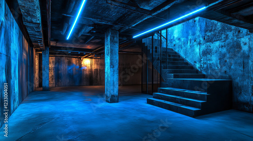 Fototapeta Naklejka Na Ścianę i Meble -  Underground concrete basement with modern abstract blue lighting industrial grunge concrete background 3d render illustration