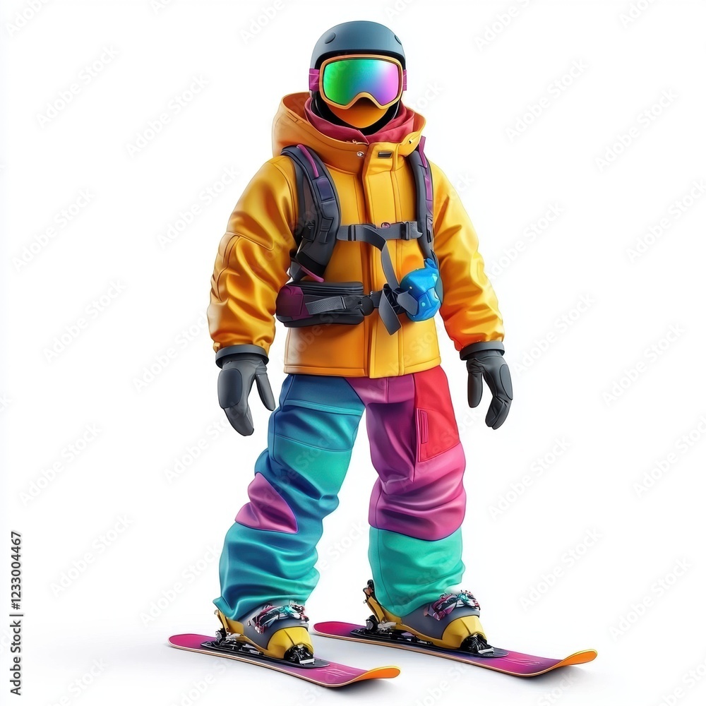 Snowboarding outfit with vibrant colors and protective gear, isolated on a clean white background Snowboarding outfit with vibrant colors and protective gear, isolated on a clean white background