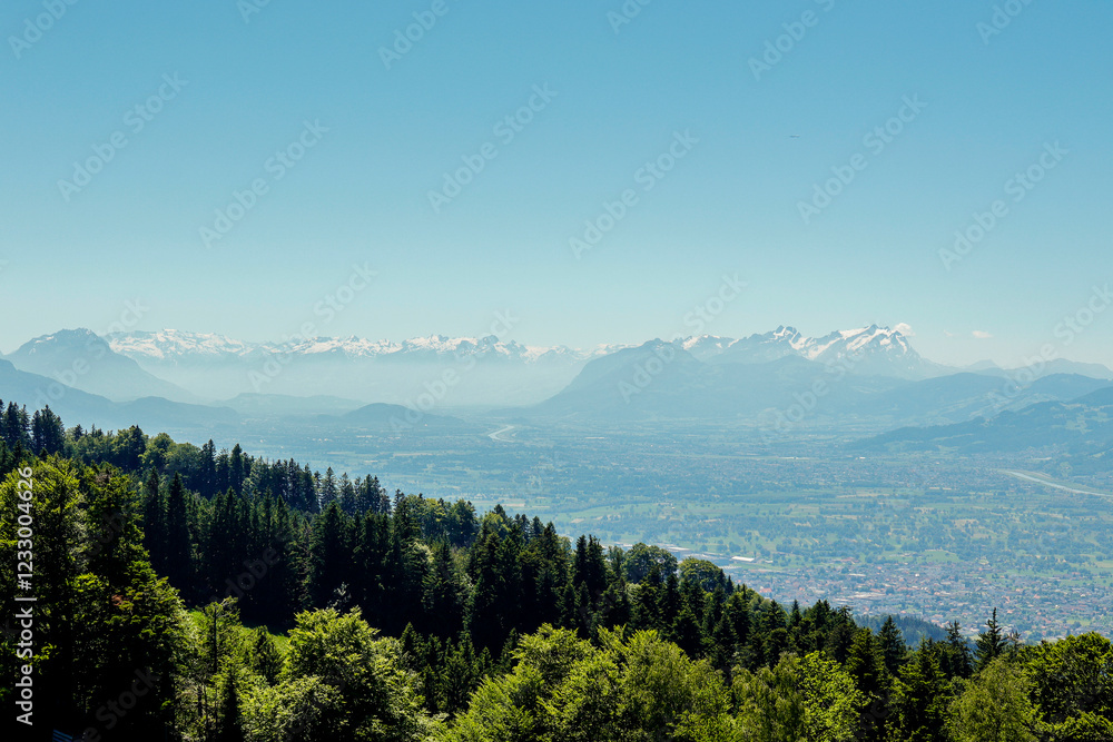 Fototapeta premium Panoramic view from Pfander mountain to lake Bodensee, Vorarlberg, Austria