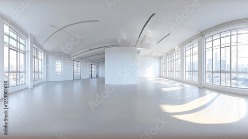 Modern white empty business office loft apartment interior full 360 degree panorama in equirectangular 3d render illustration