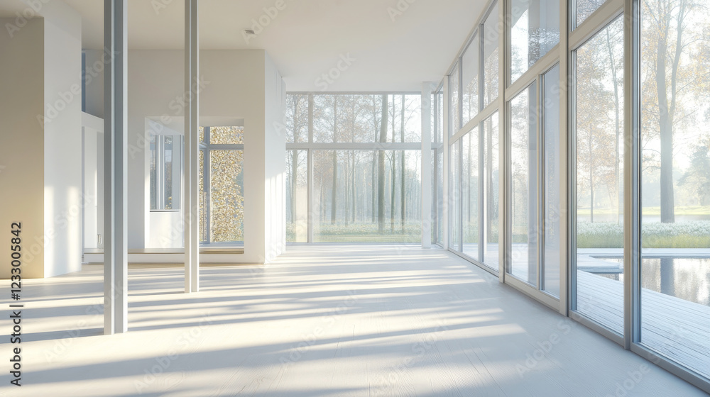 white abstract room with windows, sun light and shadows and wooden floor 3d render illustration white abstract room with windows, sun light and shadows and wooden floor 3d render illustration