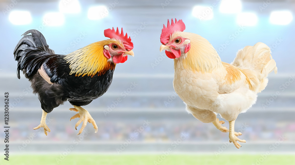 Fototapeta premium Two roosters facing each other in a stadium. (1)