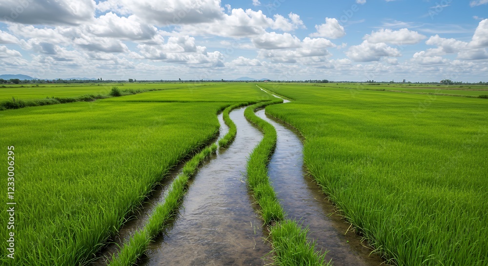 Serene Rice Paddy Fields with Irrigation Canals Serene Rice Paddy Fields with Irrigation Canals
