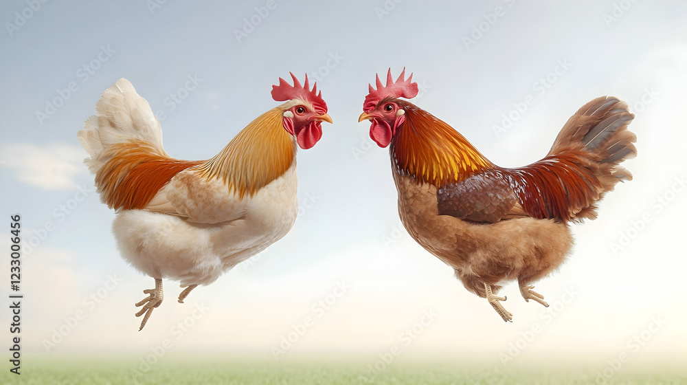 Fototapeta premium Two roosters facing each other mid-air against a sky background.