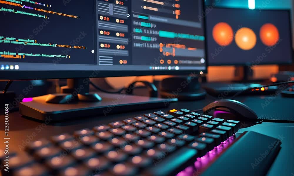High Angle of a Desk with a Keyboard and Multiple Monitors Focus on the Center Monitor Displaying Code Blurred Keyboard High Angle of a Desk with a Keyboard and Multiple Monitors Focus on the Center Monitor Displaying Code Blurred Keyboard