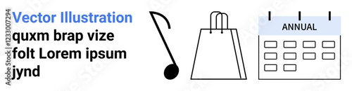 Shopping bag, musical note, and annual calendar. Ideal for shopping, music events, yearly planning, retail campaigns, promotional activities e-commerce and scheduling. Landing page