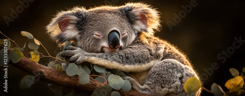 A koala joey dozes peacefully while hugging a eucalyptus branch, bathed in soft sunlight. The moment highlights the gentle nature and serenity of this adorable animal photo