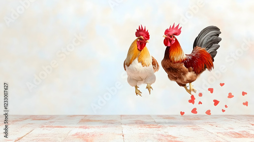 Two roosters mid-air, hearts falling.  Romantic, playful poultry scene.