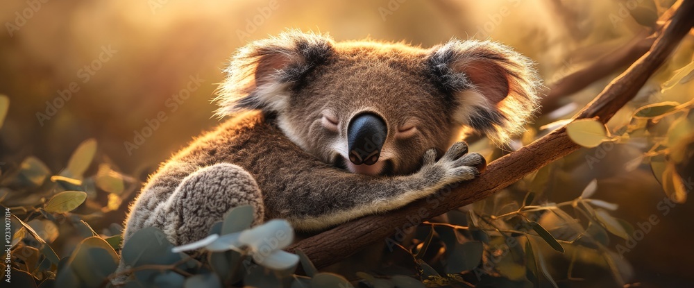 A cuddly koala joey peacefully hugs a eucalyptus branch. Soft morning light bathes the scene, highlighting the cuteness of the young marsupial nestled among leaves A cuddly koala joey peacefully hugs a eucalyptus branch. Soft morning light bathes the scene, highlighting the cuteness of the young marsupial nestled among leaves