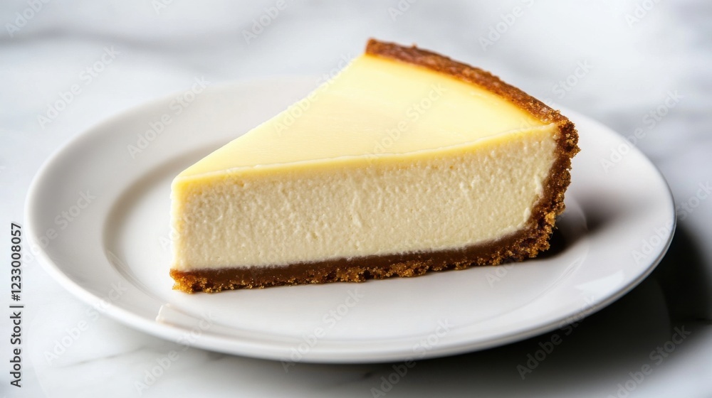 A slice of classic New York cheesecake with a smooth texture and a graham cracker crust, placed on a plain white plate, Cake slice centered with a slightly angled view A slice of classic New York cheesecake with a smooth texture and a graham cracker crust, placed on a plain white plate, Cake slice centered with a slightly angled view
