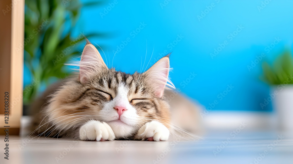 Fluffy cat naps indoors, plants in background; pet website Fluffy cat naps indoors, plants in background; pet website