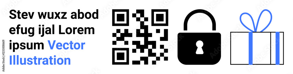 QR code next to padlock symbol and gift box illustration. Ideal for security, digital transactions, encryption, gifts, rewards, data protection, online shopping. Landing page QR code next to padlock symbol and gift box illustration. Ideal for security, digital transactions, encryption, gifts, rewards, data protection, online shopping. Landing page