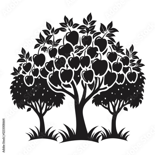 Silhouette of A group of fruit-bearing trees in an orchard vector illustration