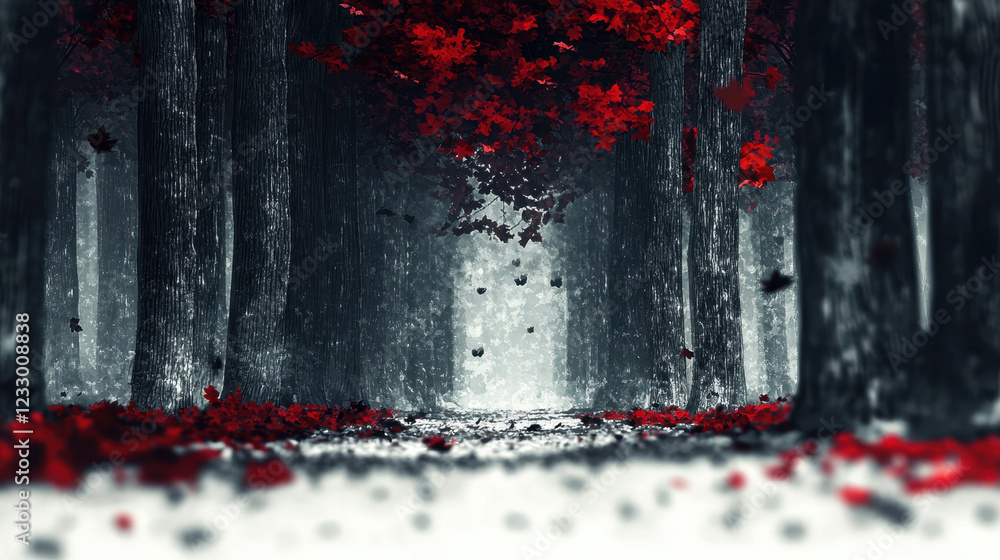 Fototapeta premium Serene Forest Path with Red Leaves and Misty Background