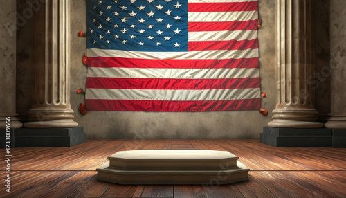 America Independence Day themed product display podium background, Historic Freedom, scrolls of the Declaration of Independence, modernized American flag, history contemporary flair, ad