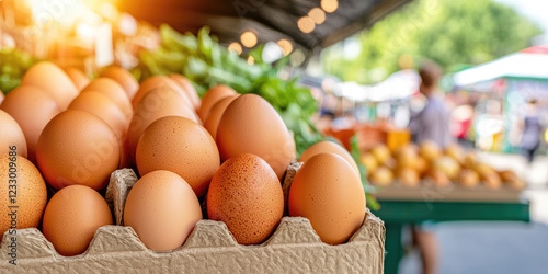 Selection of fresh eggs on a cardboard stand at an outdoor fair. Concept of subsistence farming or Risk of getting infected with Salmonellosis