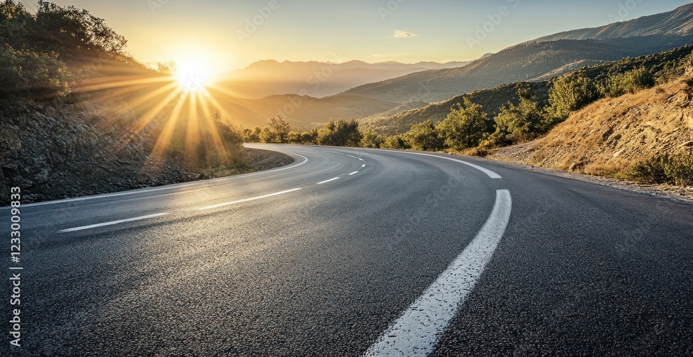 Naklejka premium Asphalt Road Winding Through Majestic Mountains at Sunset