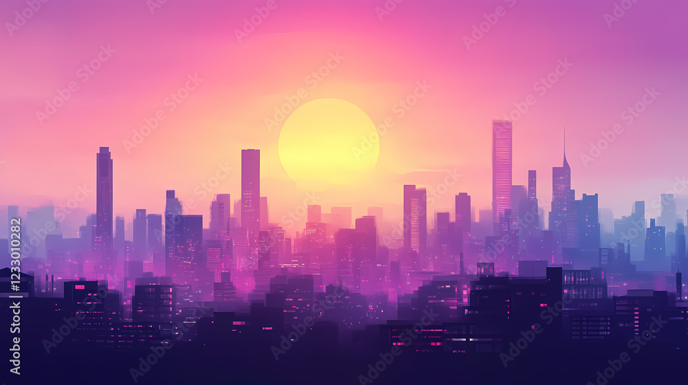 Fototapeta premium Cityscape at dawn: a vibrant urban panorama. Shaded Horizon. Illustration