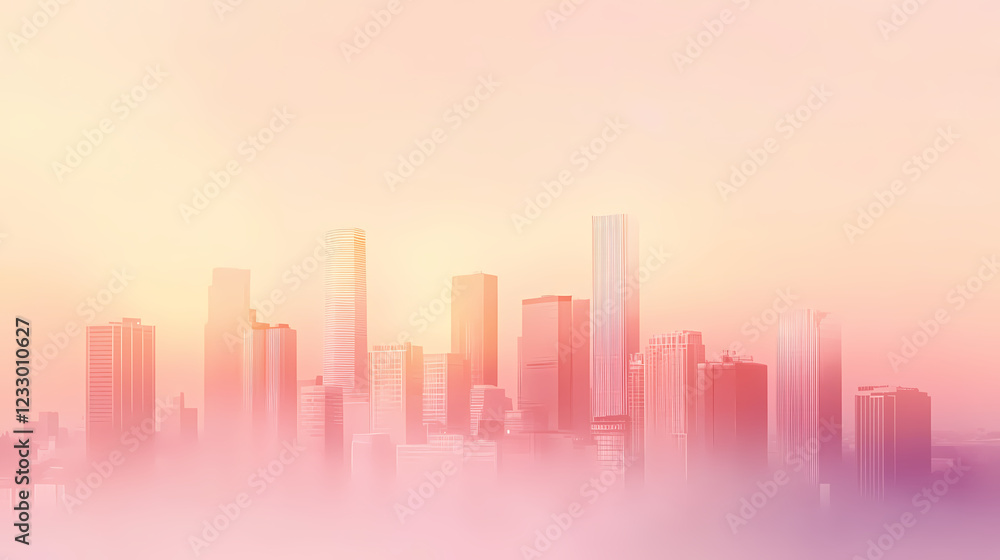Dreamy skyline blurred skyscrapers against a soft pink and peach gradient background. Shaded Horizon. Illustration Dreamy skyline blurred skyscrapers against a soft pink and peach gradient background. Shaded Horizon. Illustration
