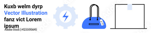 Shopping bag with handles, gear with lightning bolt, and a labeled parcel reflect e-commerce, technology, efficiency, and delivery services. Ideal for online shopping, logistics, energy automation