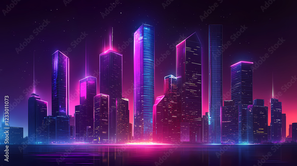 Neon horizon: twin cities skyline with illuminated skyscrapers, futuristic, vibrant, pink and purple. Shaded Horizon. Illustration Neon horizon: twin cities skyline with illuminated skyscrapers, futuristic, vibrant, pink and purple. Shaded Horizon. Illustration