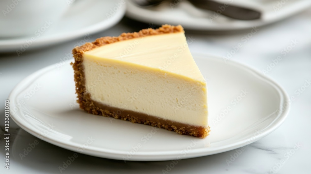 A slice of classic New York cheesecake with a smooth texture and a graham cracker crust, placed on a plain white plate, Cake slice centered with a slightly angled view A slice of classic New York cheesecake with a smooth texture and a graham cracker crust, placed on a plain white plate, Cake slice centered with a slightly angled view