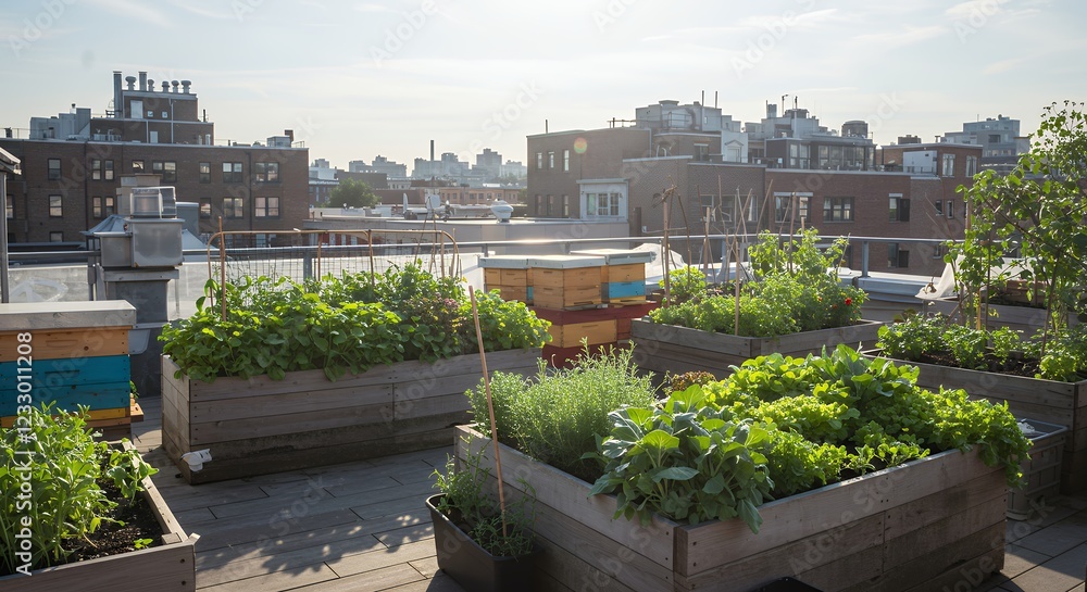Obraz premium Urban Rooftop Garden with Beehives and Lush Vegetables