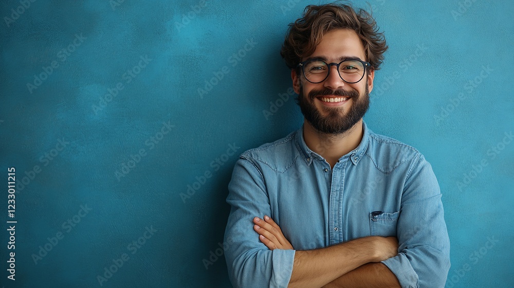 Obraz premium Happy smiling man with arms crossed against a blue background.