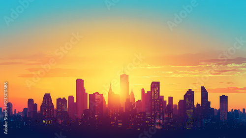 Silhouetted city skyline against a vibrant sunset background with shades of orange and blue. Shaded Horizon. Illustration