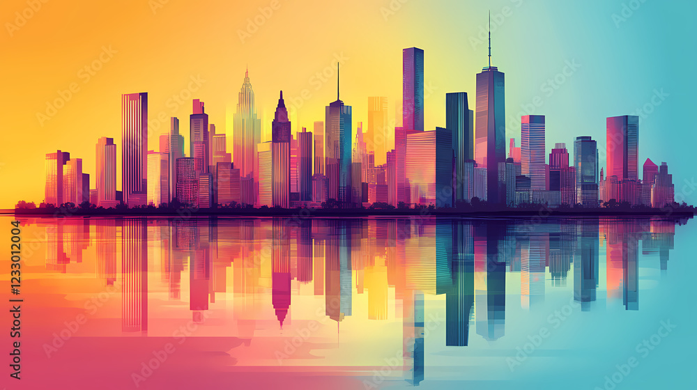 Vibrant city skyline featuring colorful reflections and gentle shades. Shaded Horizon. Illustration Vibrant city skyline featuring colorful reflections and gentle shades. Shaded Horizon. Illustration