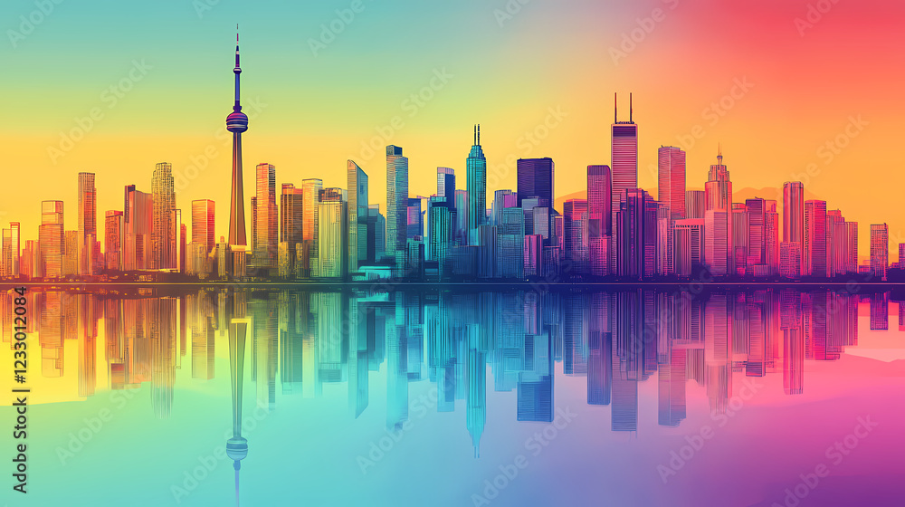 Obraz premium Vibrant city skyline featuring colorful reflections and gentle shades. Shaded Horizon. Illustration