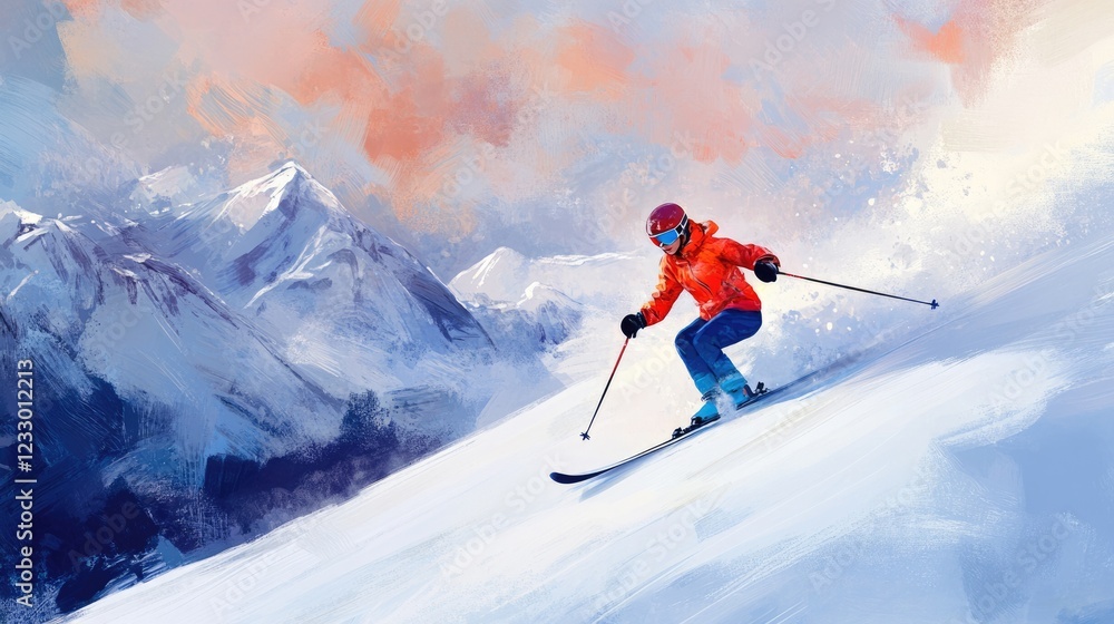 Dynamic Female Skier Racing Down Majestic Alpine Slopes Amidst a Winter Landscape Dynamic Female Skier Racing Down Majestic Alpine Slopes Amidst a Winter Landscape