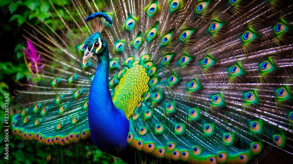 Obraz premium Male Blue Peafowl Displaying Its Colorful Attraction: A Native South Asian Bird in Aviary Habitat